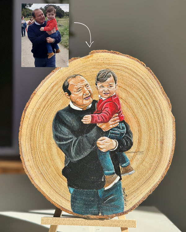 Retrato de abuelo pintado a mano junto a su nieta en su comunión, WoodDany
