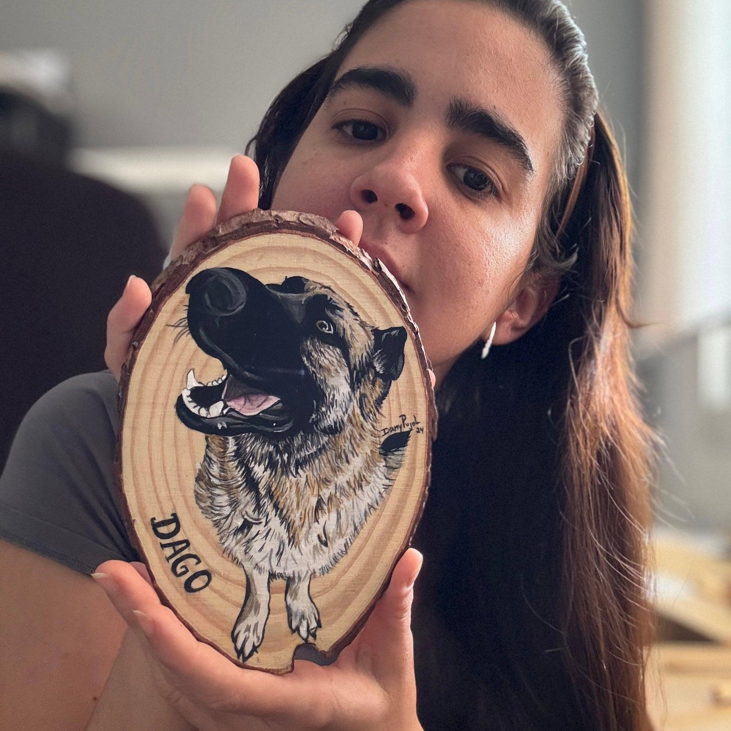Retrato Mascota pintado en Rodaja Madera