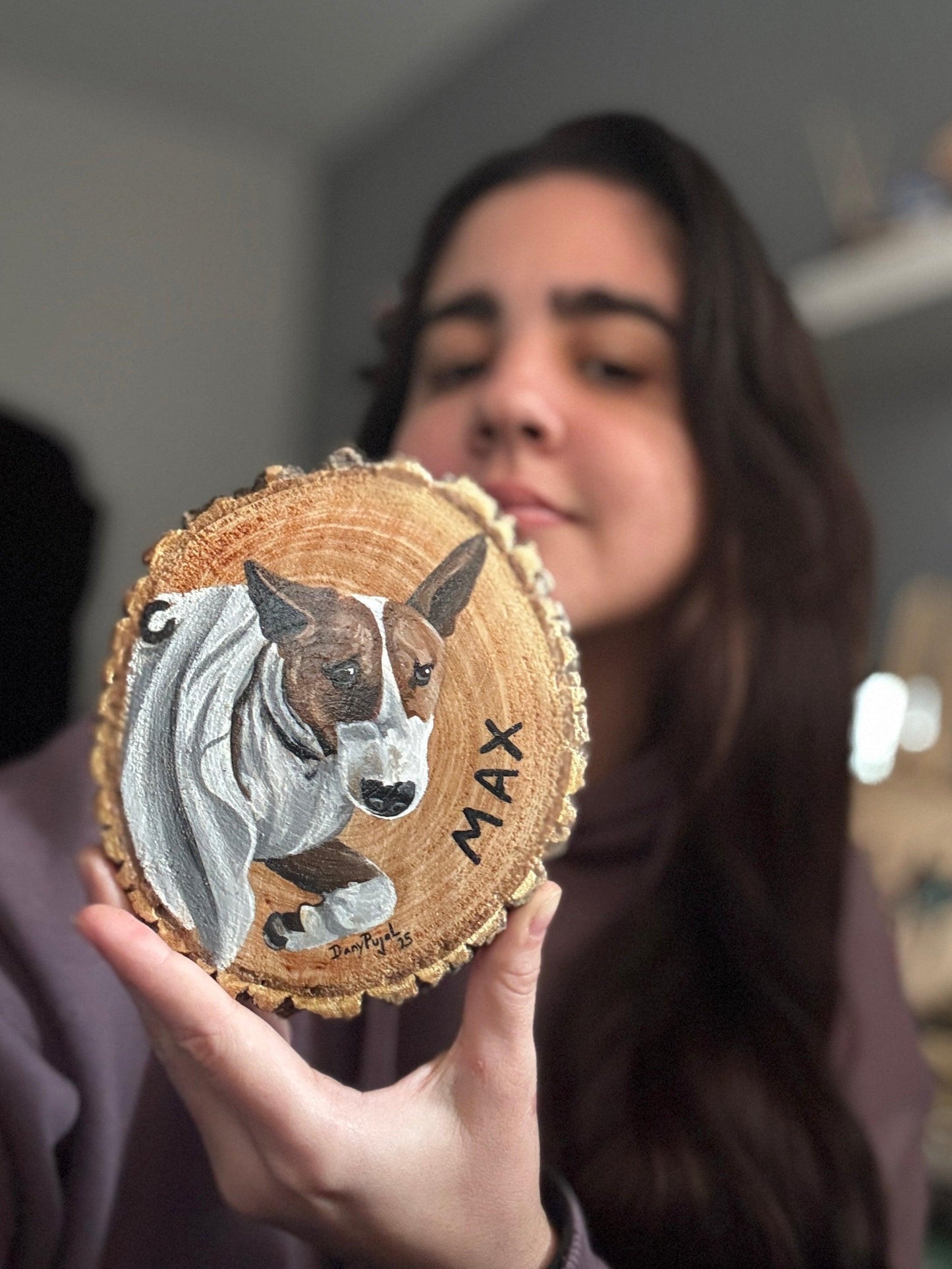 Retrato Mascota pintado en Rodaja Madera