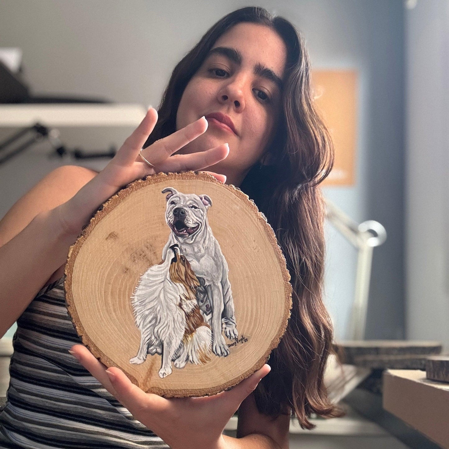 Retrato Mascota pintado en Rodaja Madera