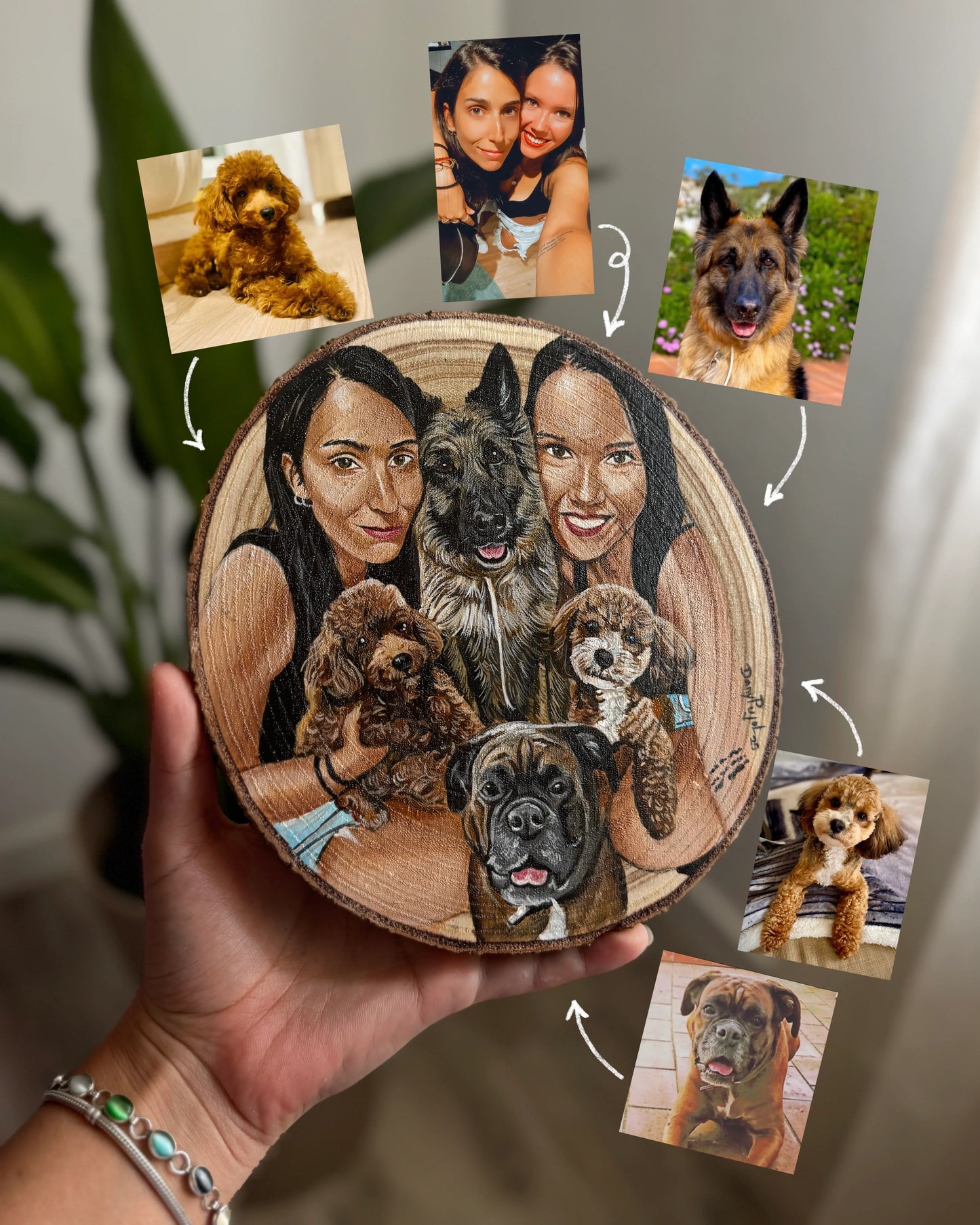 Union de varias fotos de mascotas en retrato personalizado pintado a mano sobre madera por Dany Pujol