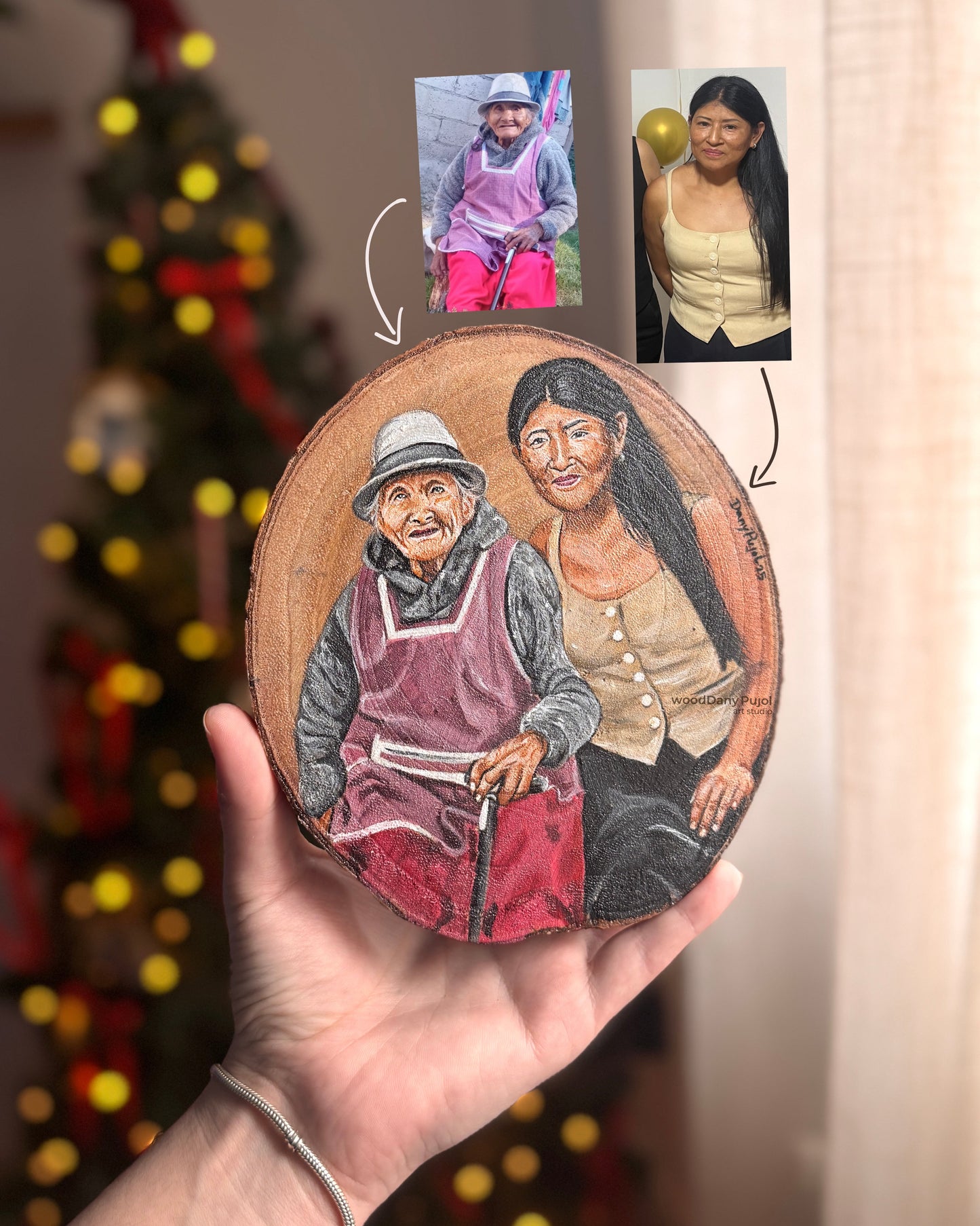 Union entre dos fotos en retrato personalizado pintado a mano sobre madera por Dany Pujol