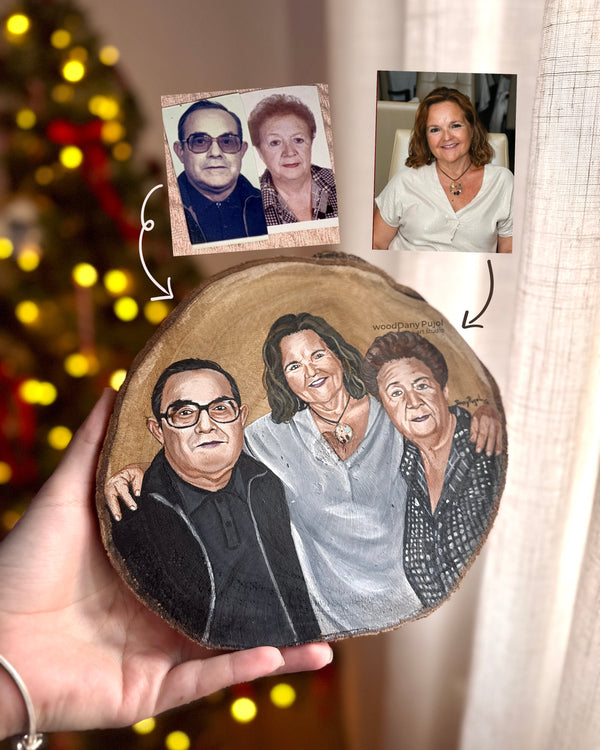 Retrato pintado a mano sobre madera uniendo fotos de personas que nunca estuvieron juntas, WoodDany
