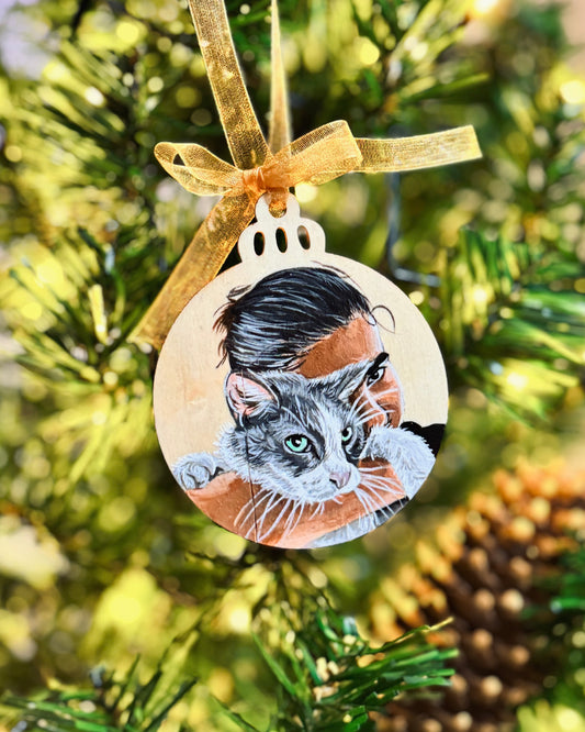 Bola de navidad de madera con retrato de pareja pintado a mano, color dorado, árbol navideño, WoodDany