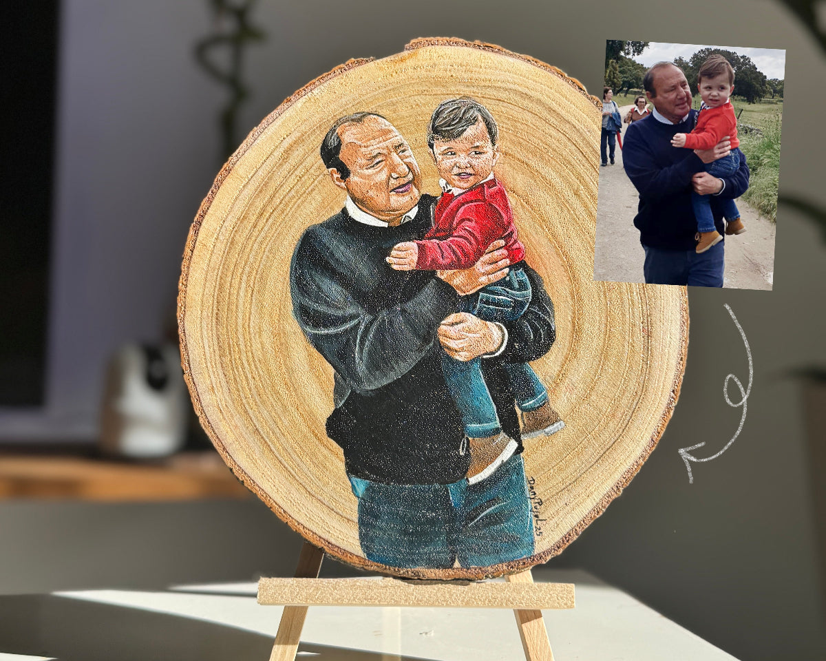Foto y Resultado Rodaja Madera Retrato pintado- WoodDany