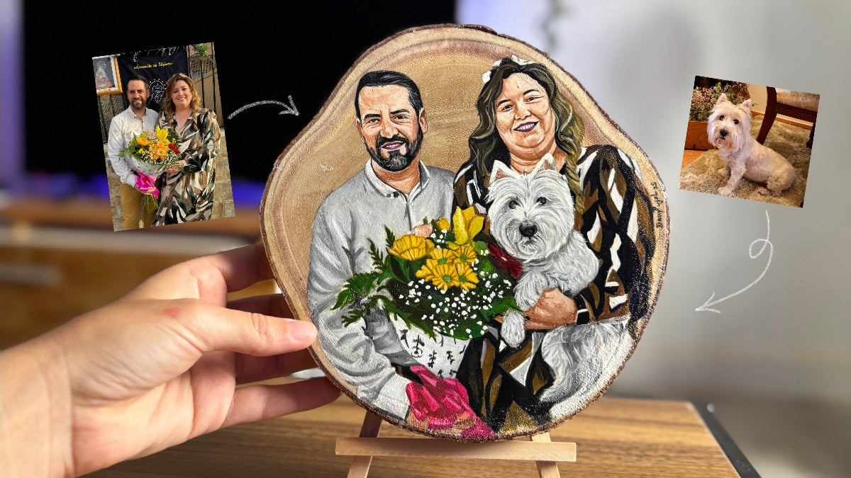  Foto y Resultado Rodaja Madera Retrato pintado- WoodDany
