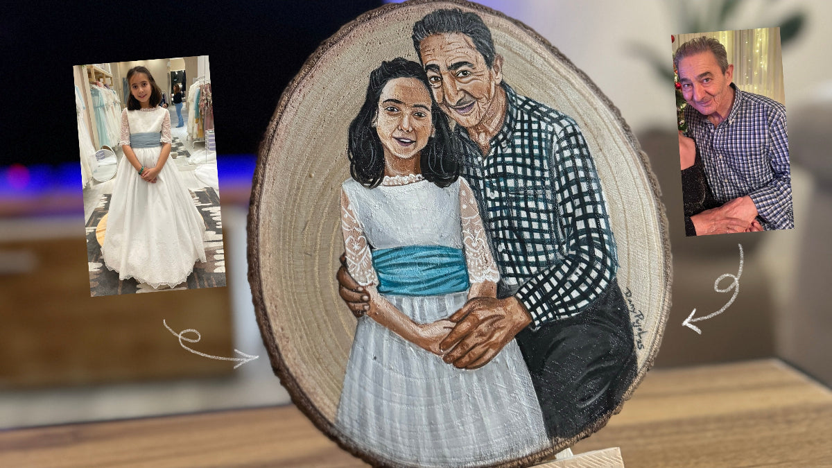  Foto y Resultado Rodaja Madera Retrato pintado- WoodDany