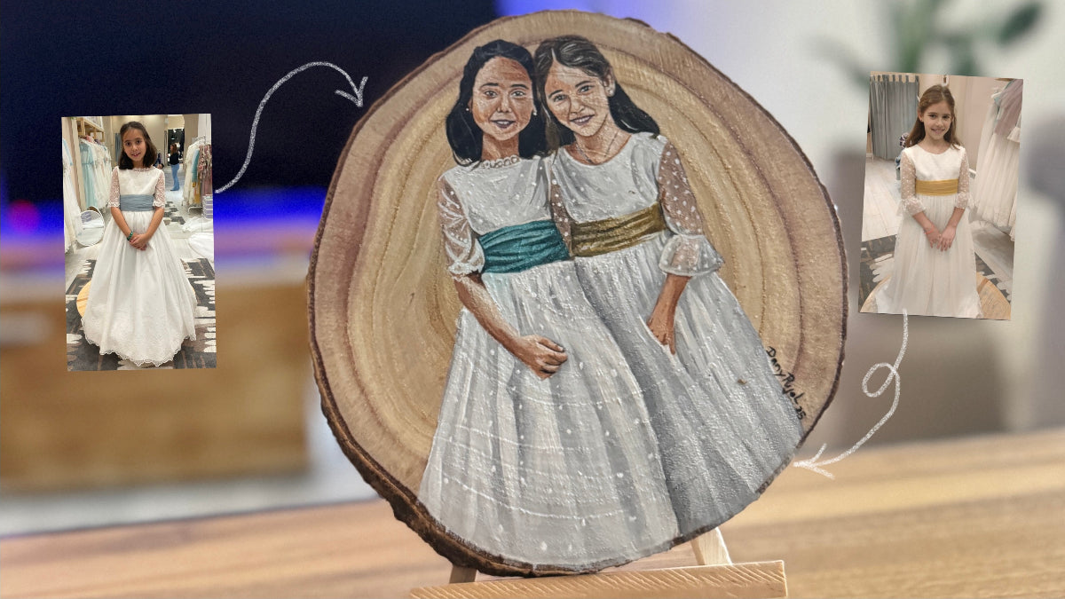  Foto y Resultado Rodaja Madera Retrato pintado- WoodDany