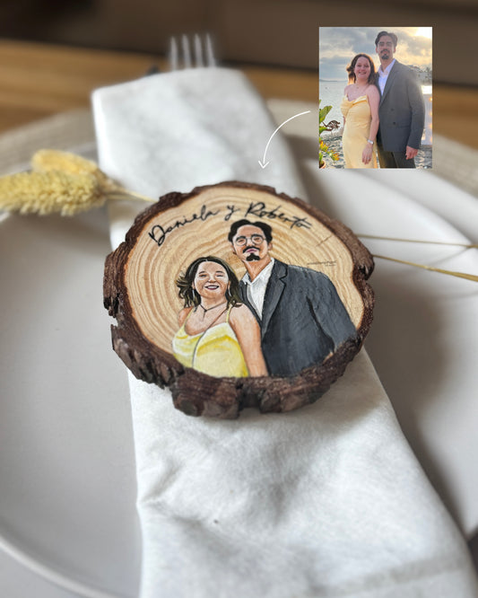 Marcasitios de boda pintados a mano en rodaja de madera natural con nombre de invitado, WoodDany