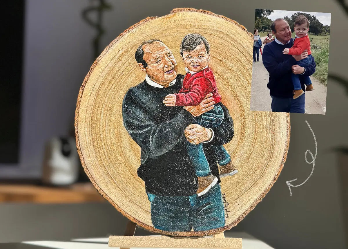 Foto vs Resultado Rodaja Madera Retrato pintado a mabo. WoodDany