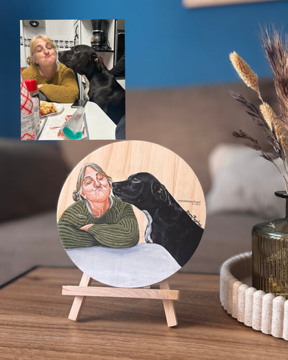 Retrato personalizado pintado a mano sobre tabla de madera por la artista Dany Pujol