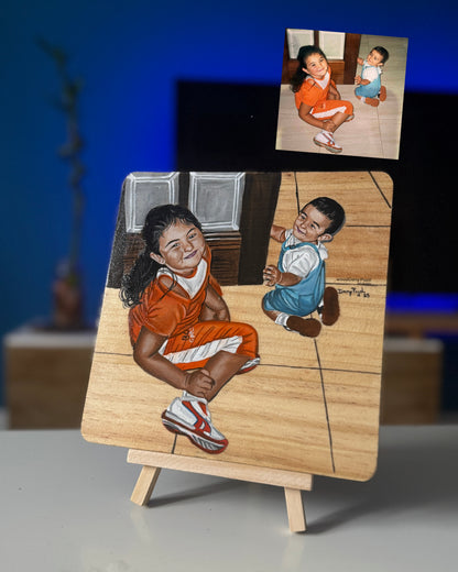 Retrato familiar pintado a mano sobre tabla de madera natural, WoodDany