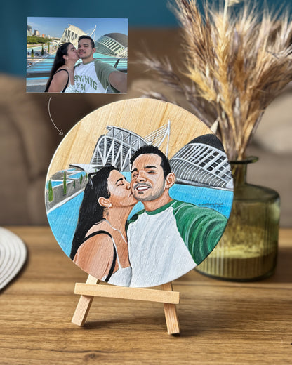 Retrato pintado a mano en tabla de madera redonda 15cm, WoodDanyPujol