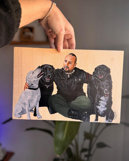 Retrato familiar pintado a mano sobre lienzo de madera uniendo varias fotos, WoodDany