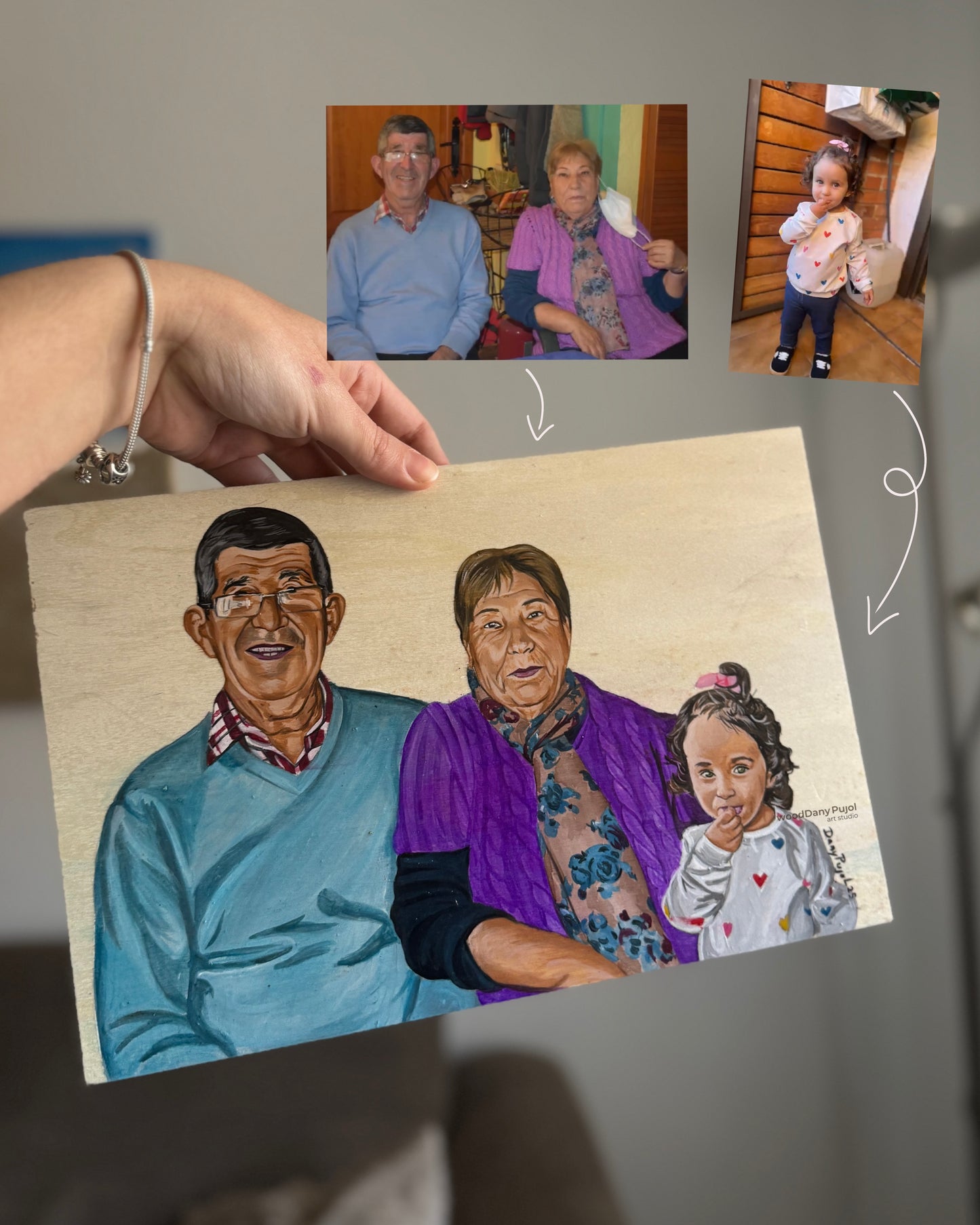 Retrato personalizado de abuelos fallecidos y nieta  pintado a mano sobre lienzo de madera por Dany Pujol
