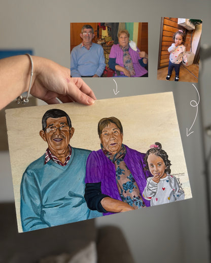 Retrato personalizado de abuelos fallecidos y nieta  pintado a mano sobre lienzo de madera por Dany Pujol
