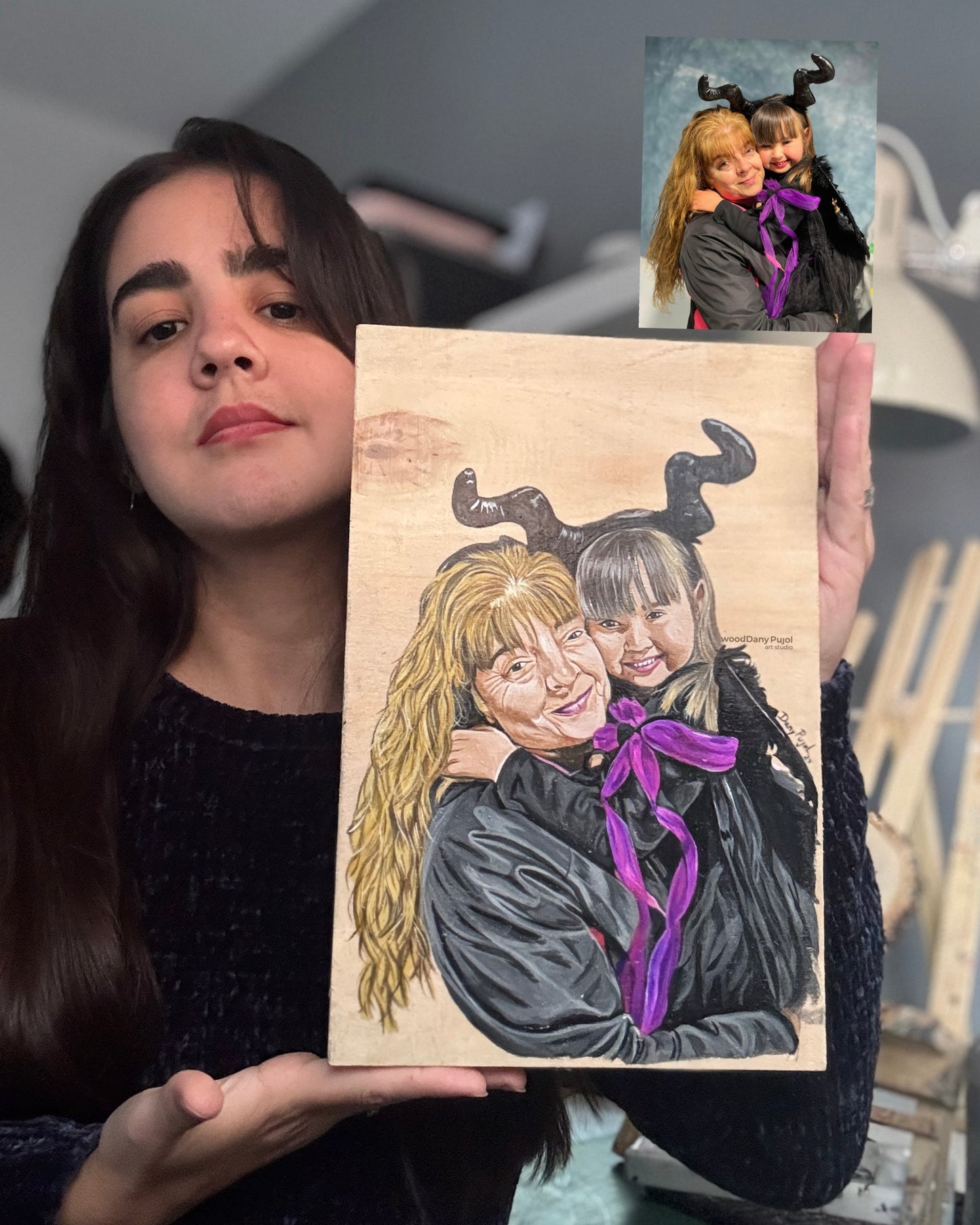 Retrato personalizado pintado a mano sobre lienzo de madera por Dany Pujol