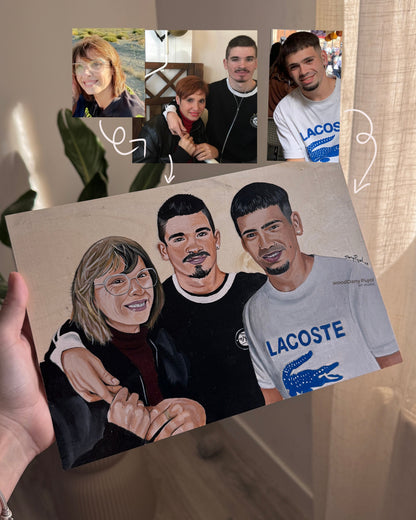 Retrato uniendo fotos pintado a mano sobre lienzo de madera por Dany Pujol