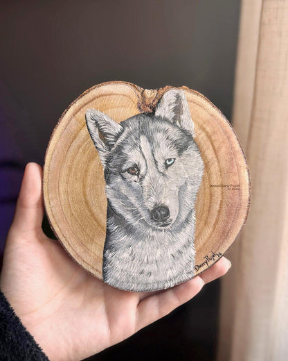 Retrato personalizado de mascota pintado a mano sobre rodaja de madera, WoodDany