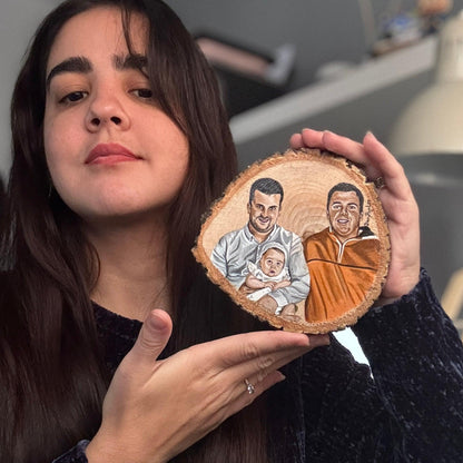 Retrato pintado a mano en rodaja de Madera