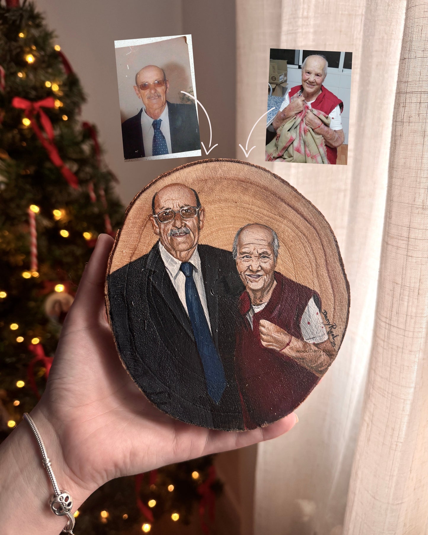 Rodaja de madera pequeña con retrato familiar pintado a mano desde varias fotos, WoodDany