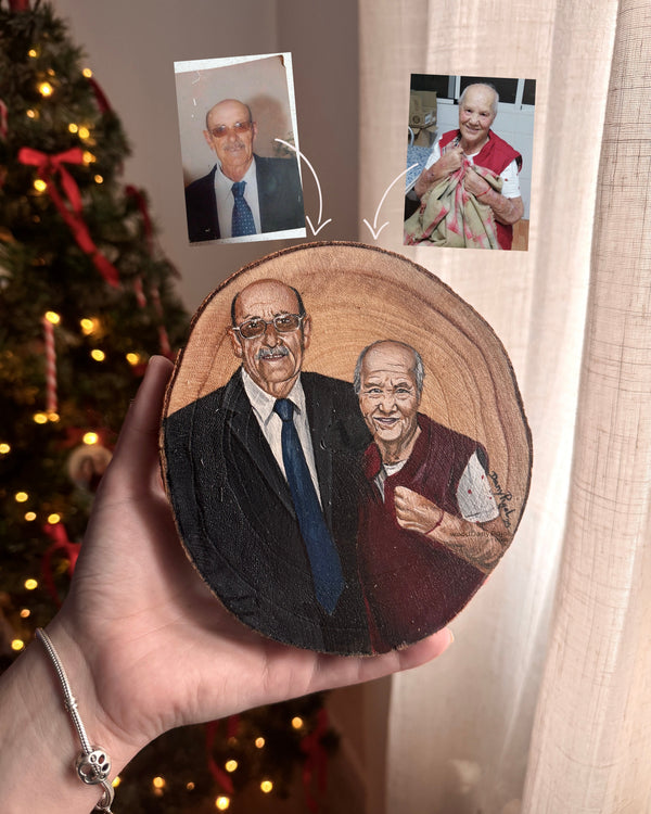 Retrato familiar pintado a mano sobre rodaja de madera, regalo personalizado, WoodDany