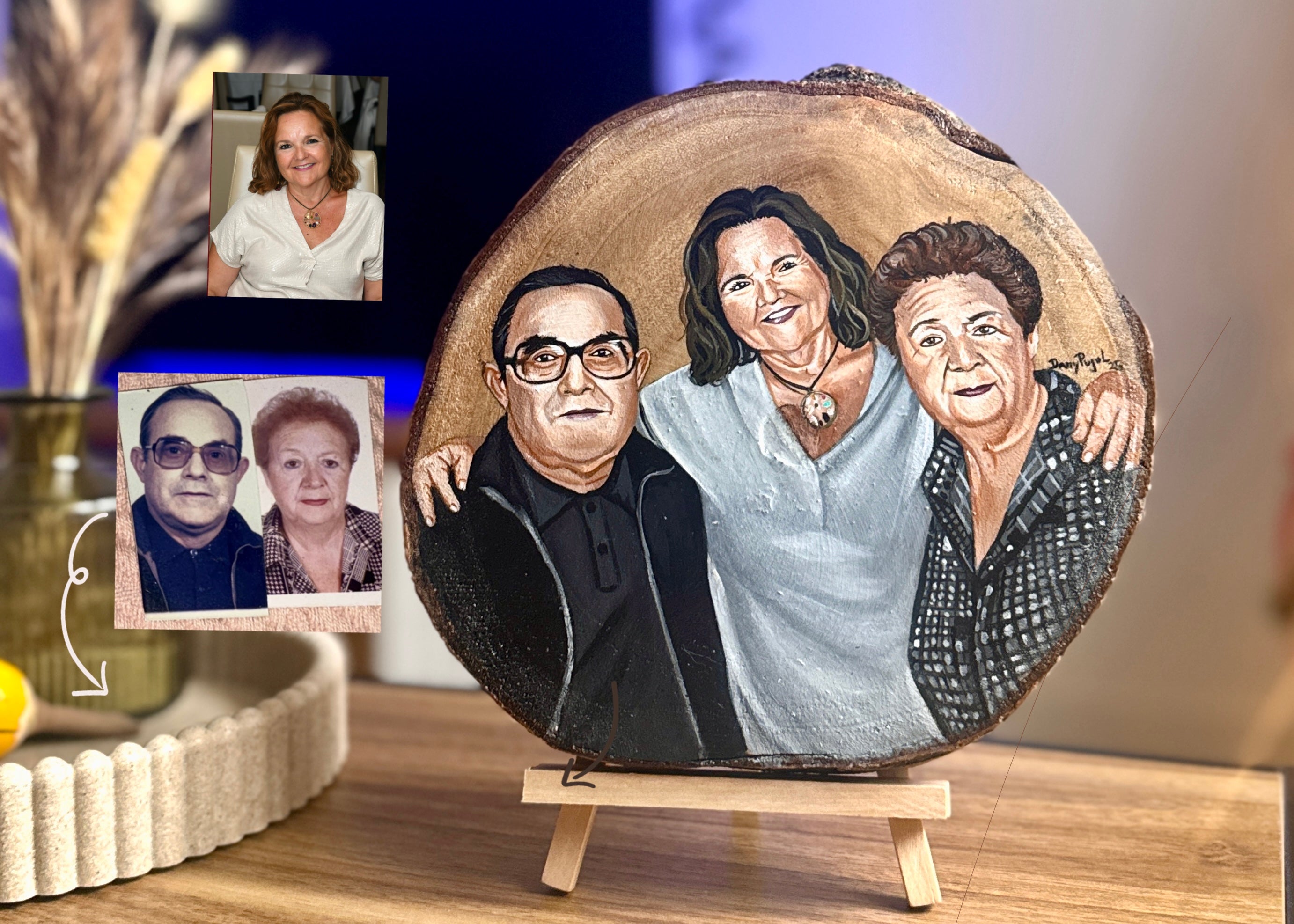 Retrato pintado a mano sobre madera uniendo fotos de personas que nunca estuvieron juntas