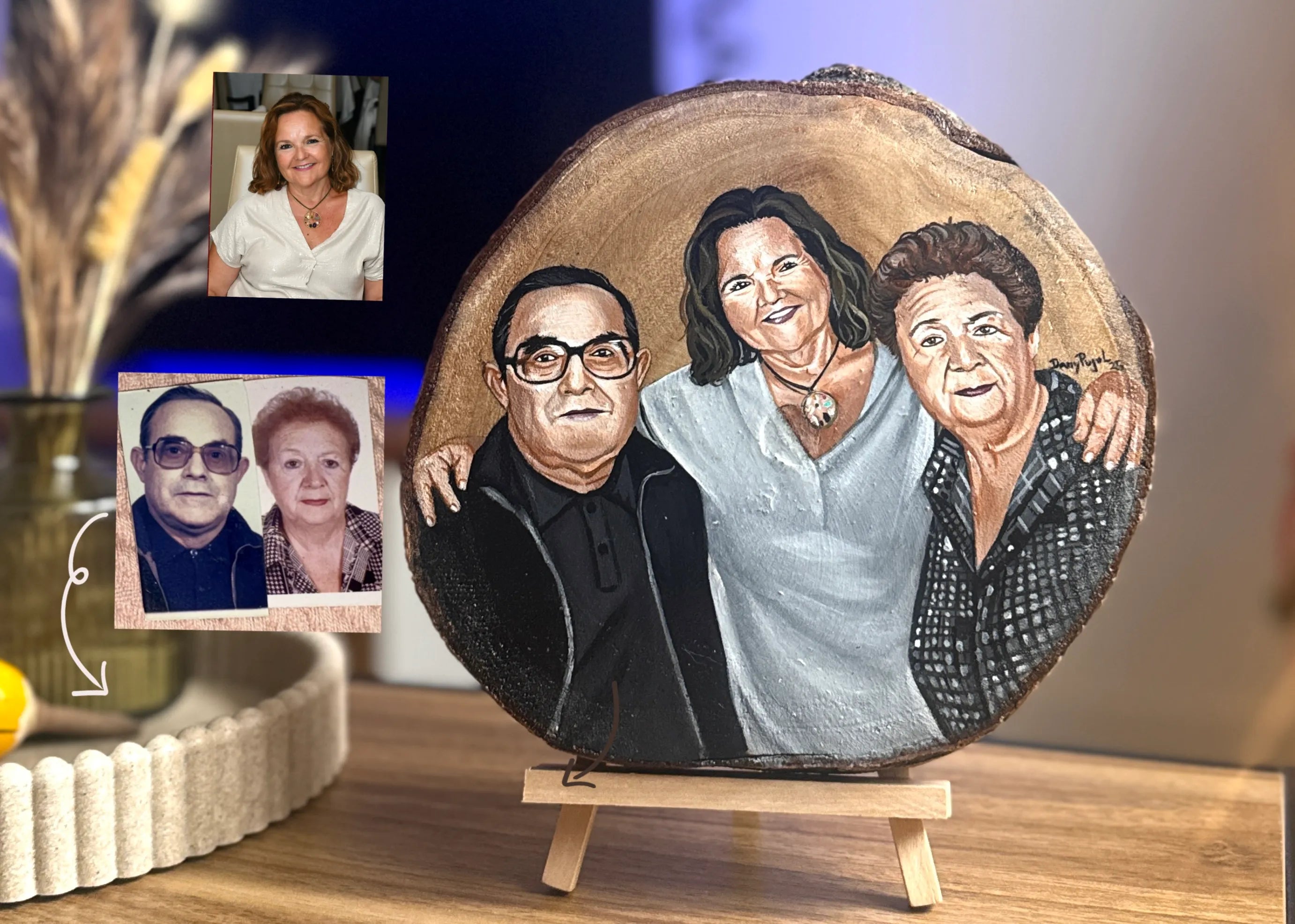 Retrato pintado a mano sobre madera uniendo fotos de personas que nunca estuvieron juntas