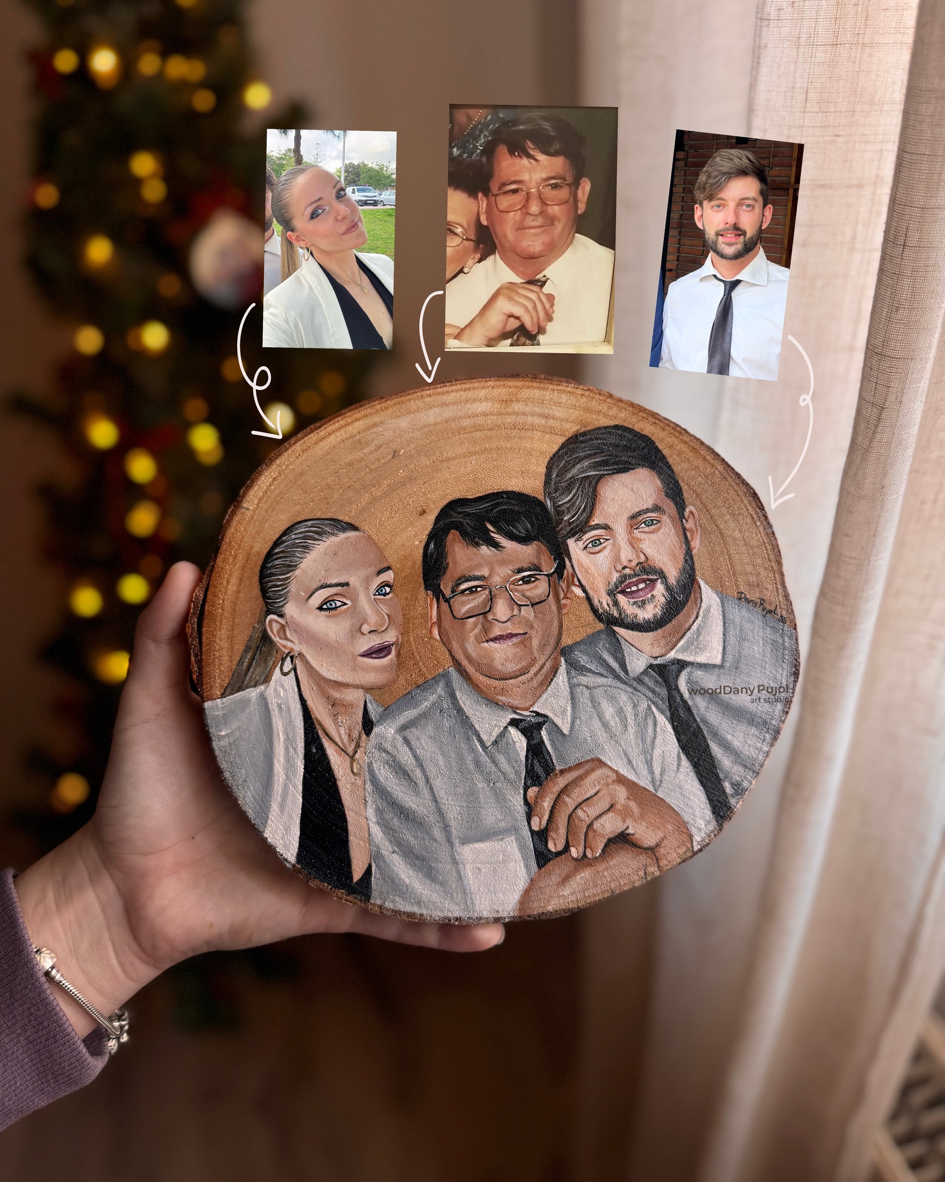 Union de fotos familiares con abuelo fallecido en retrato personalizado pintado a mano sobre madera por Dany Pujol