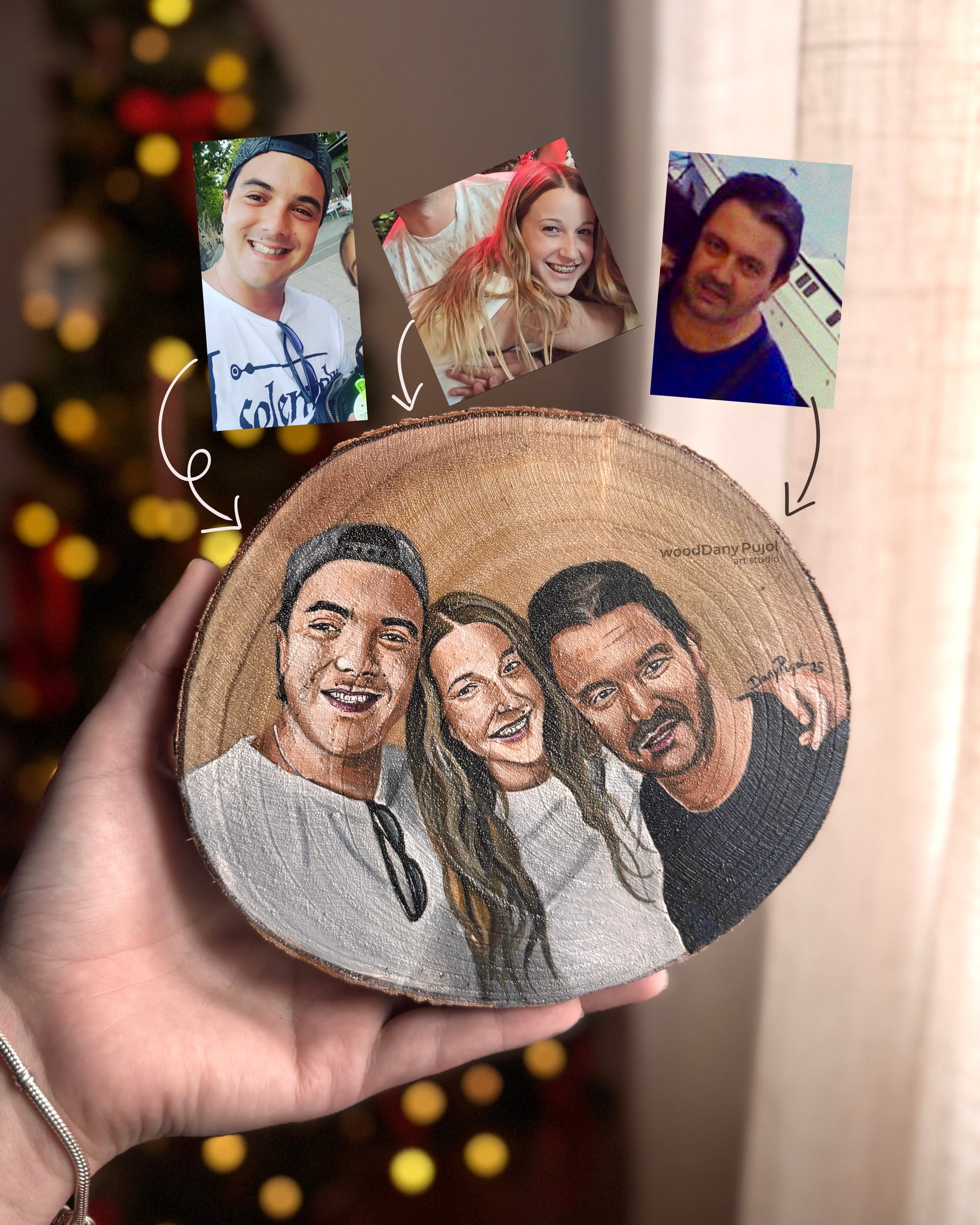 Comparación entre foto original y retrato personalizado pintado a mano sobre madera por Dany Pujol
