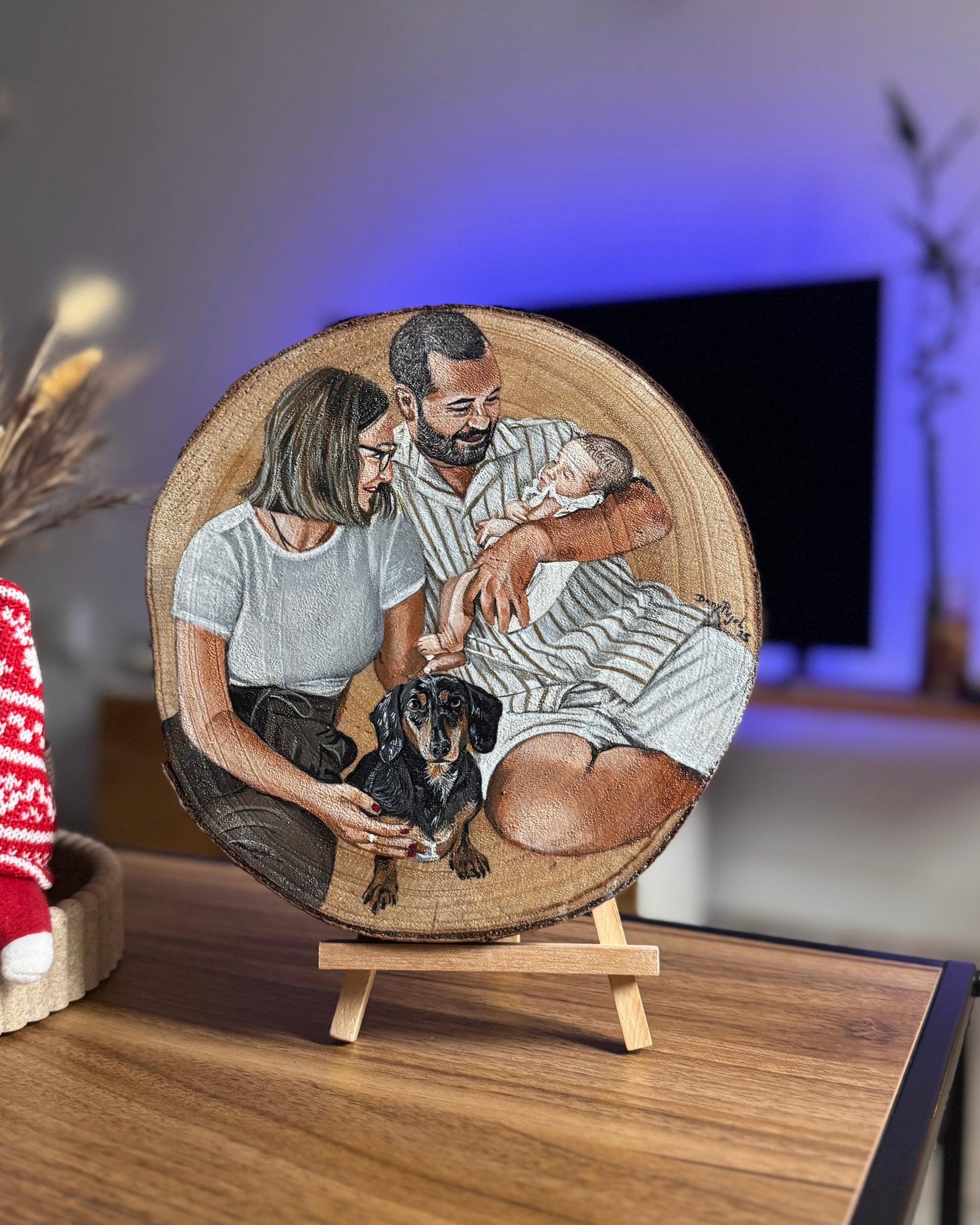 Arte personalizado pintado a mano en rodaja de madera realizado por Dany Pujol